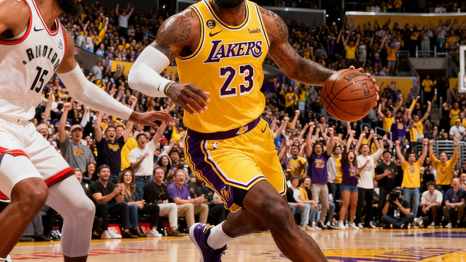 NBA常规赛洛杉矶湖人主场对阵金州勇士的直播画面，勒布朗·詹姆斯正在持球突破，斯台普斯中心观众欢呼沸腾，画面色彩饱满呈现高清画质